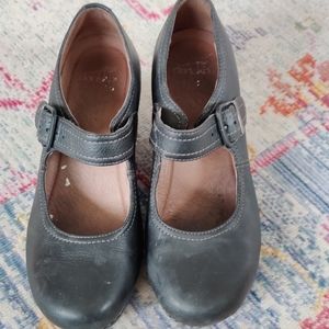 Dansko black leather wedge Mary Jane heels